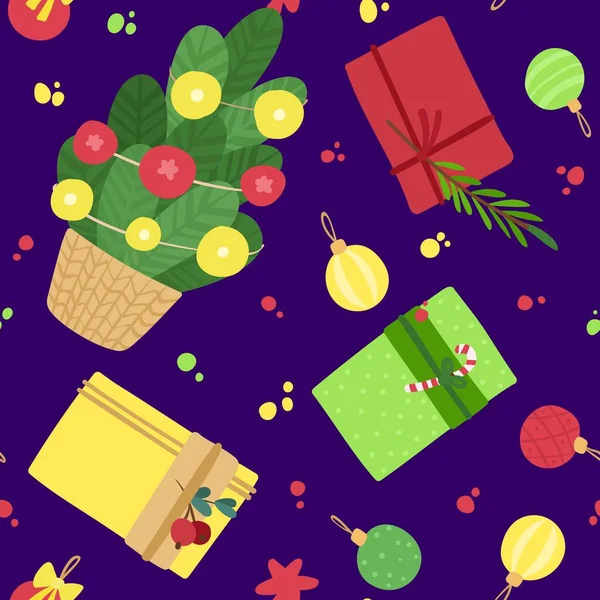 新年の休日 フェストベクトルシームレスパターン クリスマスツリー おもちゃ 贈り物 濃い青の背景の星 クリスマスバナー 冬の季節の壁紙 包装紙のデザイン — ストックベクタ