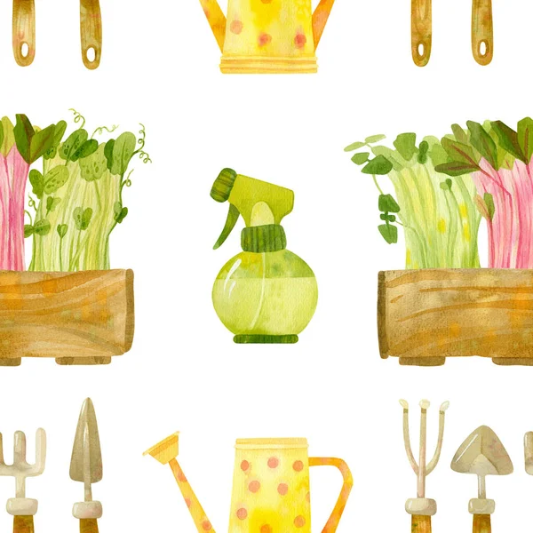 Εργαλεία Κήπου Και Ξύλινο Κουτί Σπορόφυτα Φρέσκα Λαχανικά Σαλάτα Κάρδαμο — Φωτογραφία Αρχείου