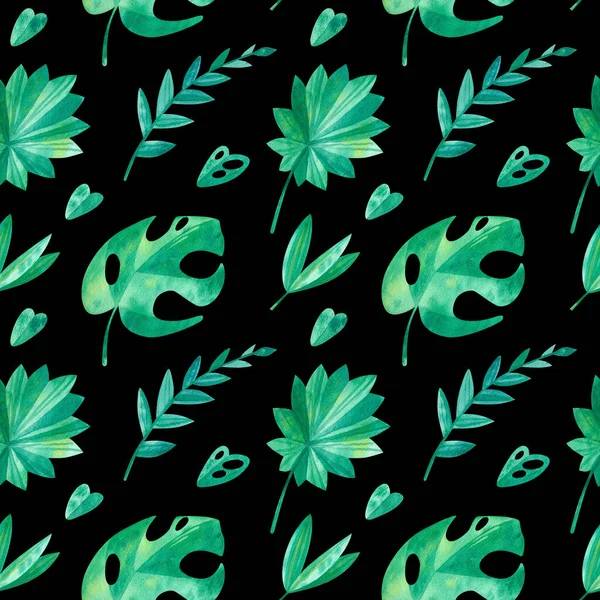 Summer season mood  watercolor seamless pattern on dark background.  Exotic jungle, monstera leaves, foliage, plants  flora. Tropical exotic greens watercolor illustration. Wallpaper, wrapping paper design, textile, scrapbooking, digital paper.