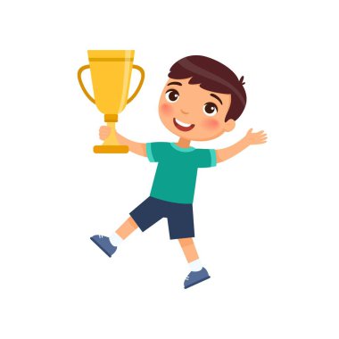 Küçük çocuk elinde altın bir kupayla mutlu bir şekilde zıplıyor. Zafer konsepti. Beyaz arka planda izole edilmiş çizgi film karakteri. Düz vektör renk çizimi. 