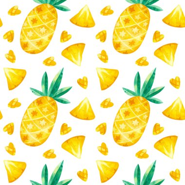 Ananas desenleri pürüzsüz. Yaz tropikal meyvelerin el yapımı dokusu. Suluboya yaratıcı duvar kağıdı, ambalaj kağıdı, tekstil tasarımı, hatıra defteri, dijital kağıt..