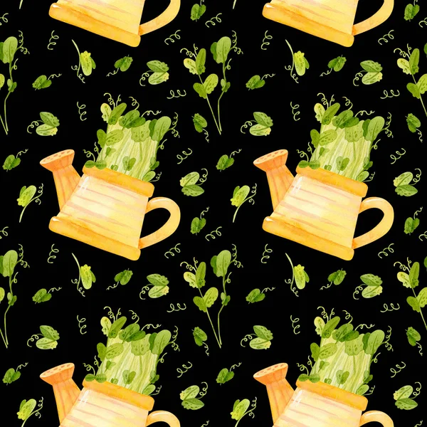 エンドウ豆の苗でかわいい黄色の散水缶 明るい春の作物 新鮮なマイクログリーン クレスサラダ 庭の季節 手描き水彩シームレスパターン 包装紙のデザイン スクラップブッキング デジタルペーパー — ストック写真