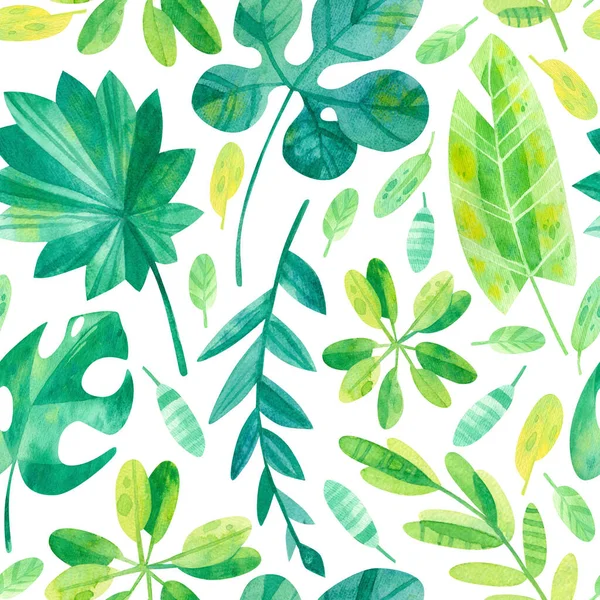 エキゾチックなジャングルの葉 モンスターの葉 バナナの葉 植物の植物の混合物 夏の気分シームレスなパターン 熱帯エキゾチックな緑の水彩イラスト 包装紙のデザイン スクラップブッキング デジタルペーパー — ストック写真