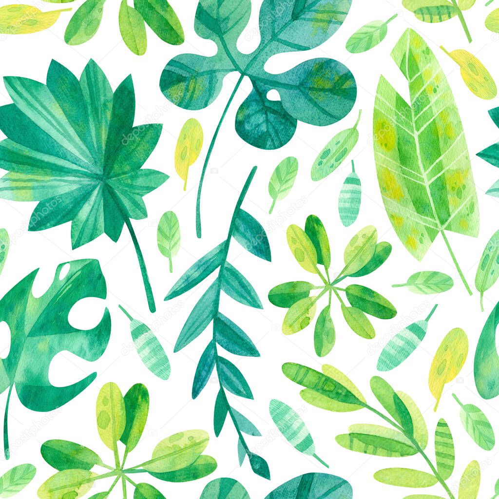 Mix of exotic jungle leaves, monstera leaves, banana leaves, foliage, plants  flora.  Summer season mood seamless pattern. Tropical exotic greens watercolor illustration. Wallpaper, wrapping paper design, textile, scrapbooking, digital paper