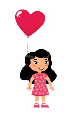 Küçük kız elinde balon şeklinde düz vektör çizimi tutuyor. Sevgililer Günü kutlaması. Gülümseyen çocuk karakteri. 14 Şubat, tatil izole tasarım unsuru