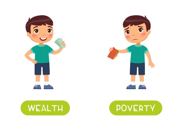 Wealth Och Poverty Antonymer Ordkort Vektor Mall Flashcard För Engelsk — Stock vektor