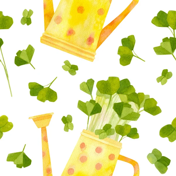 Yellow Watering Can Seedlings Radish Bright Spring Crops Fresh Microgreens — Stock Photo, Image