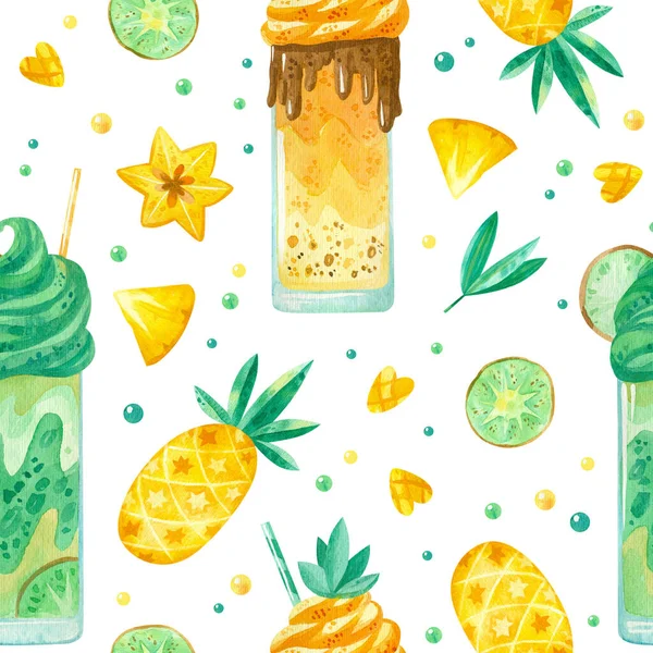 Sweets Yummies Hand Getekend Naadloos Patroon Milkshakes Ananas Carambola Kiwi — Stockfoto
