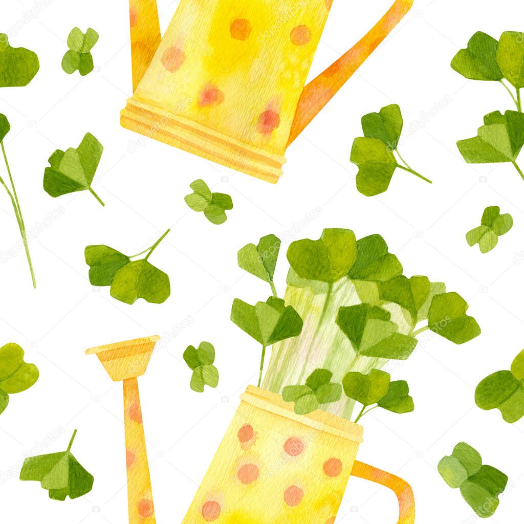 Yellow watering can with seedlings of radish. Bright spring crops. Fresh microgreens, cress salad. Garden season. Hand drawn watercolor seamless pattern. Wallpaper, wrapping paper design, textile, scrapbooking, digital paper.