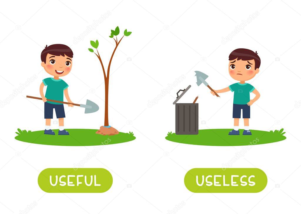 USEFUL and USELESS antonyms word card vector template. Flashcard for english language learning. Opposites concept. Boy is planting a tree, child throws out a broken shovel.