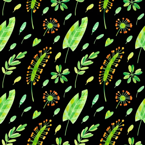 暗い背景に夏の季節の気分シームレスなパターン エキゾチックなジャングルのバナナの葉 日向ぼっこ 植物の植物 熱帯エキゾチックな緑の水彩イラスト 包装紙のデザイン スクラップブッキング デジタルペーパー — ストック写真