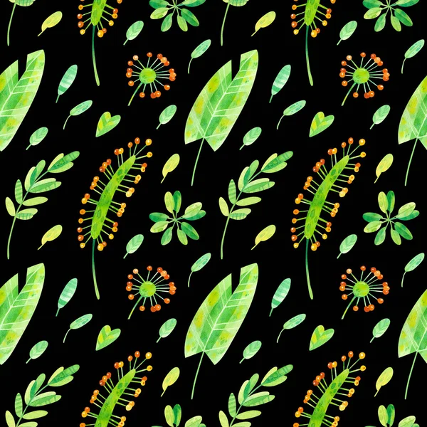 Summer season mood   seamless pattern on dark background.  Exotic jungle banana leaves, sundew, foliage, plants  flora. Tropical exotic greens watercolor illustration. Wallpaper, wrapping paper design, textile, scrapbooking, digital paper.
