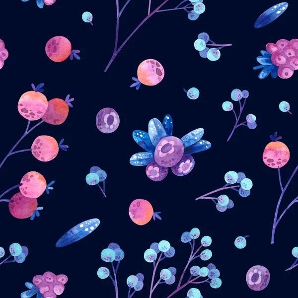 Bezproblémový Vzor Modrými Fialovými Růžovými Stylizovanými Bobulemi Listy Tapety Obal — Stock fotografie