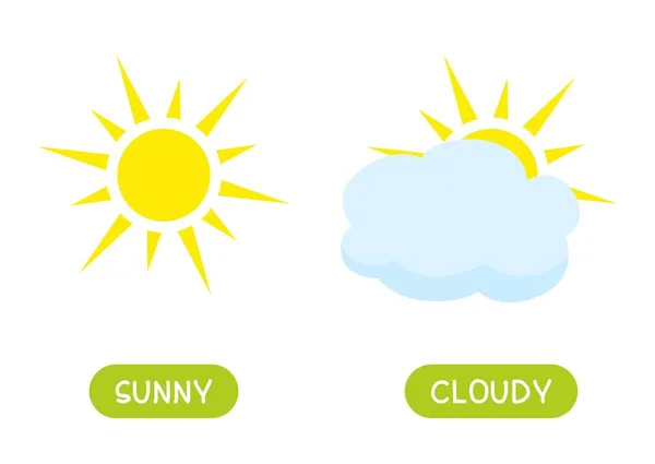 Sunny和Cloudy反义词词卡向量模板 英语学习用的卡片 相反的概念 不同类型的天气 — 图库矢量图片
