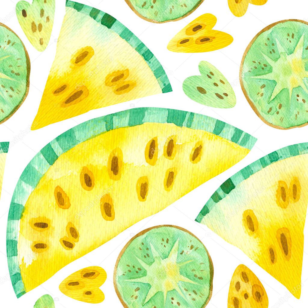Yellow watermelons and green kiwi drawings seamless pattern. Summer fruits mix texture. Watercolor creative wallpaper, wrapping paper, textile design, scrapbooking, digital paper.