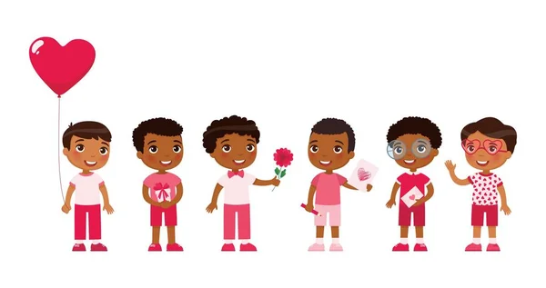 Niños Pequeños Celebrando Día San Valentín Ilustración Vector Plano Niños — Vector de stock