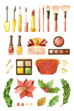 Klasik Noel bitkisi ve kozmetik ürünleriyle Noel klip koleksiyonu. Makyaj ve kişisel bakım. Moda suluboya çizimi. Kartpostallar, kartvizitler, posterler, ambalaj kağıtları için şablon