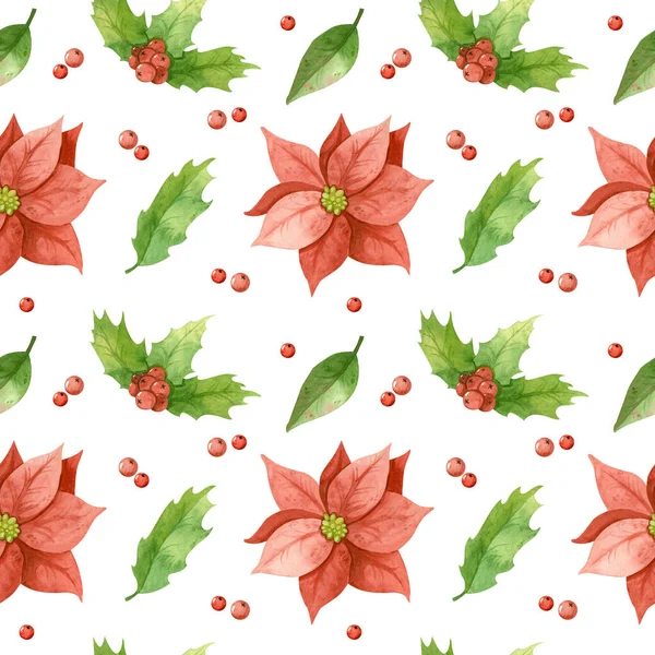 Noellerde Poinsettia çiçekleri ve kutsal yapraklarla kusursuz desenler. Klasik Noel bitkileri, suluboya çizimleri. Kartpostallar, kartvizitler, posterler, afişler için şablon.