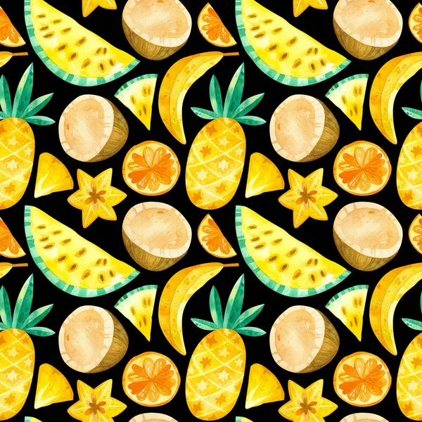 トロピカルフルーツはシームレスなパターンを描く 夏の果物は濃い背景にテクスチャを混ぜます 水彩画の創造的な壁紙 包装紙 テキスタイルデザイン スクラップブッキング デジタルペーパー — ストック写真