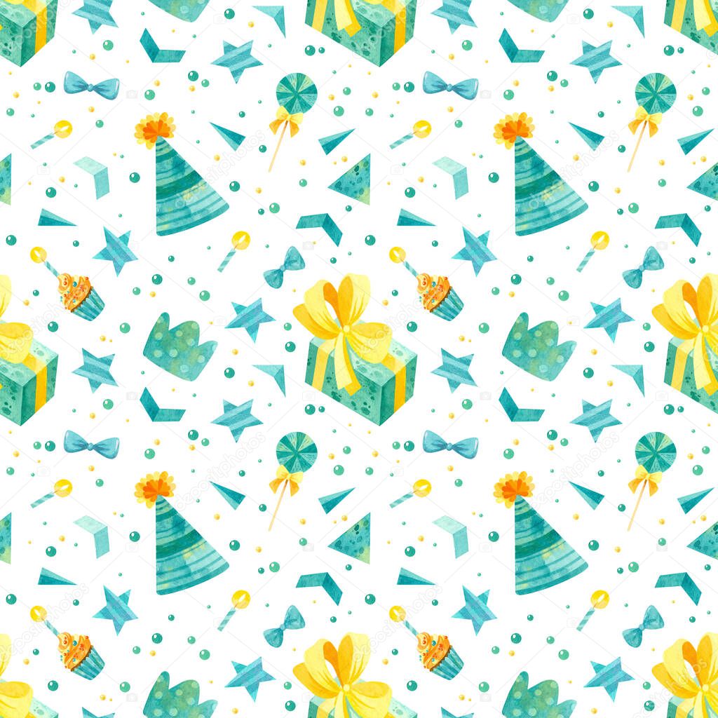 Seamless pattern with  birthday caps, cupcakes, gifts and other baby birthday elements. Cute watercolor clipart in blue colors for children's party decoration, baby showers.