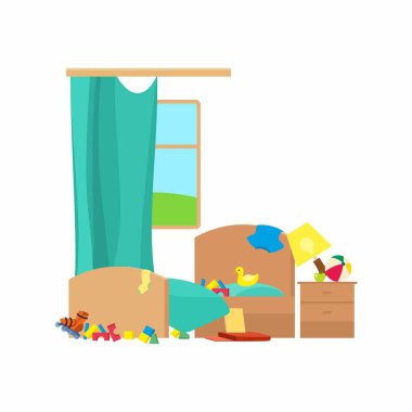 Dağınık çocukların yatak odası düz vektör çizimi. Kirli daire çizgi filmi beyaz arka planda izole edilmiş. Dağınık oda. Ev işleri, temizlik.