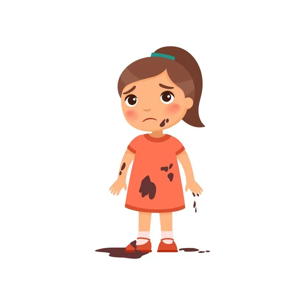 Sad Dirty Girl Flat Vector Color Illustration Unhappy Caucasian Toddler — Stock Vector