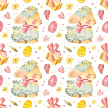 Yavru koyunlarda kusursuz desen. Tatlı kuzulu Paskalya şablonu, Paskalya yumurtaları ve pembe-sarı palette bahar çiçekleri. Beyaz arkaplanda suluboya klibiName