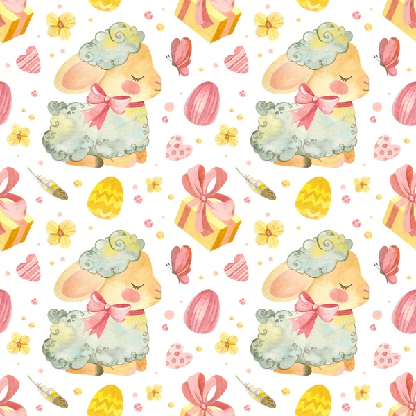 赤ちゃん羊とのシームレスなパターン 可愛い子羊とイースターエッグとピンクイエローのパレットで春の花とイースターテンプレート 白い背景の水彩画のクリップ — ストック写真