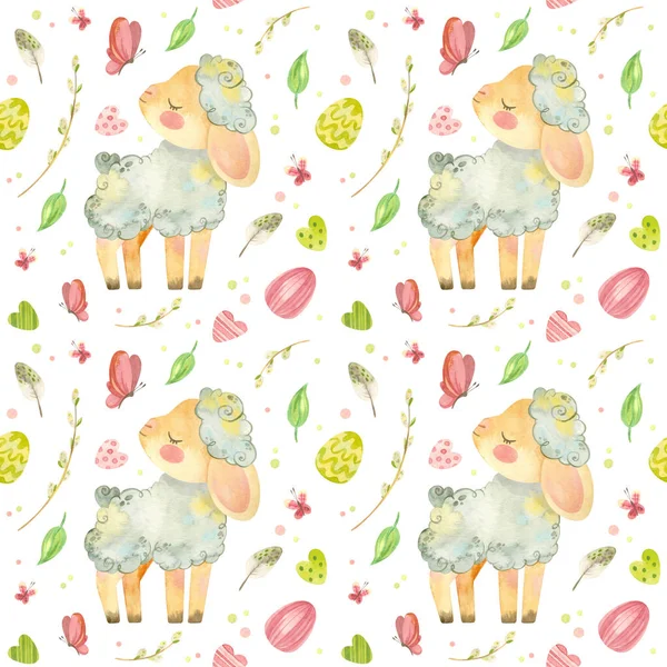 Seamless Pattern Baby Sheep Easter Template Cute Lamb Easter Eggs — Stock fotografie