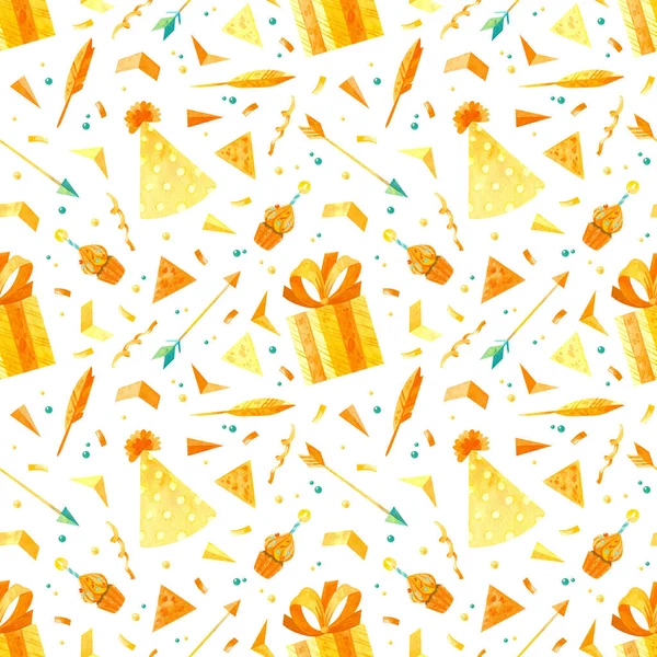 誕生日キャップ カップケーキ ギフト その他の赤ちゃんの誕生日要素を備えたシームレスなパターン 子供のパーティーの装飾のための黄色のAngオレンジの色でかわいい水彩クリップ ベビーシャワー — ストック写真