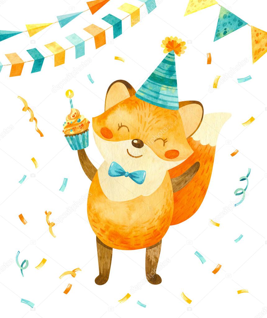 Happy fox with a birthday cap on his head and with a cupcake in his hand. Cute holiday character, watercolor illustration for baby birthday card or poster.