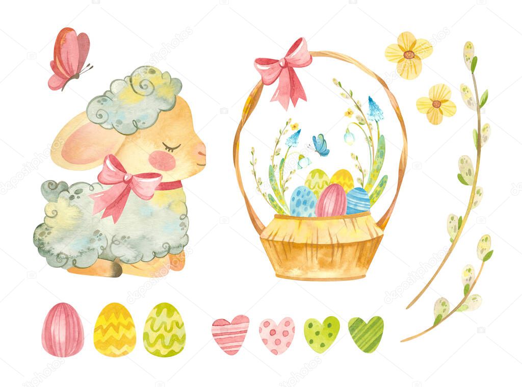 Easter clipart set with cute sheep. Baby lamb, wicker basket with Easter eggs, pussy willow. Watercolor colorful clipart on white background