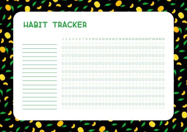 Aylık düz vektör şablonu için alışkanlık izleyici. Mandalinalı ve yapraklı planlama sayfası. Günlük başarı planları. Görevler boş zaman çizelgesi tasarımı