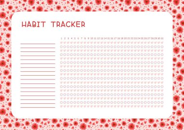 Aylık düz vektör şablonu için alışkanlık izleyici. Kırmızı çiçekli ve kalpli planlama sayfası. Görevler boş zaman çizelgesi arayüzü