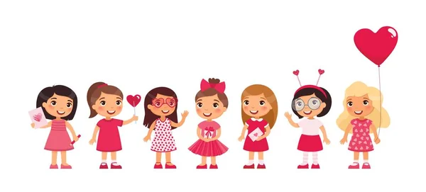 Niñas Celebrando Día San Valentín Ilustración Vector Plano Niños Vistiendo — Vector de stock