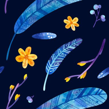 Mavi tüyleri ve sarı çiçekleri olan kusursuz bir desen. Duvar kağıdı, ambalaj kağıdı tasarımı, tekstil, hatıra defteri, dijital kağıt. Koyu arkaplanda suluboya el çizimleri.