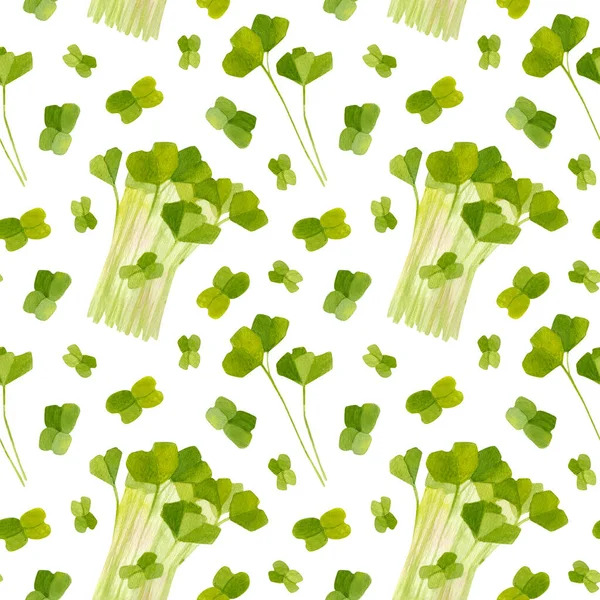 大根のシームレスなパターンの春の庭の葉 漫画緑の水彩イラスト 包装紙のデザイン スクラップブッキング デジタルペーパー — ストック写真