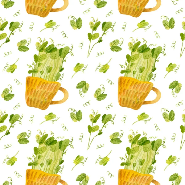 緑のエンドウ豆の苗とかわいいセラミックカップ 明るい春の作物 新鮮なマイクログリーン クレスサラダ 庭の季節 手描き水彩シームレスパターン 包装紙のデザイン スクラップブッキング デジタルペーパー — ストック写真