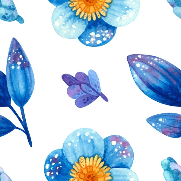 Modèle Sans Couture Avec Des Plantes Bleues Fleurs Feuilles Stylisées — Photo
