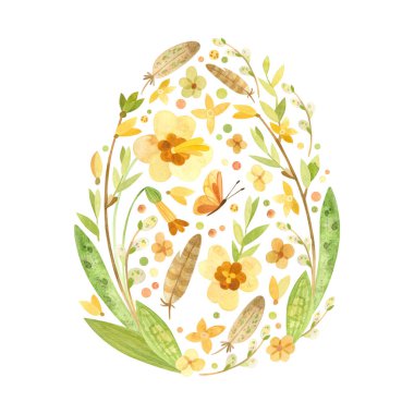 Easter card in the shape of an egg with Easter eggs, pussy willow, feathers and spring flowers. Thematic template country style for postcards, posters, banners. Watercolor clipart on white background