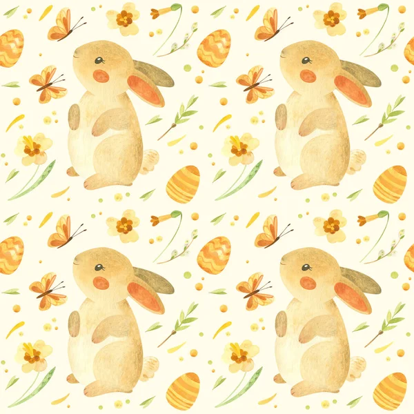 Seamless Pattern Easter Bunny Rustic Template Cute Rabbit Easter Eggs — Stock Photo, Image