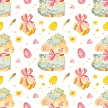 Yavru koyunlarda kusursuz desen. Tatlı kuzulu Paskalya şablonu, Paskalya yumurtaları ve pembe-sarı palette bahar çiçekleri. Beyaz arkaplanda suluboya klibiName
