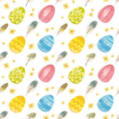 Yay pürüzsüz desen. Paskalya yumurtaları, çiçekler ve tüylerle şablon. Beyaz arkaplanda suluboya klitorisi