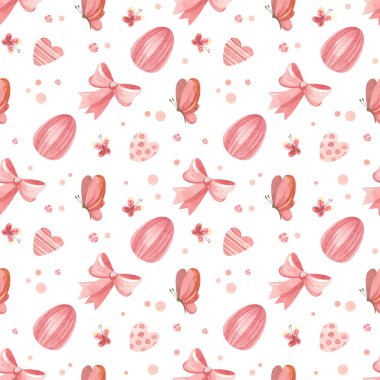 Paskalya deseni kusursuz. Paskalya yumurtaları, yaylar ve kelebekler. Beyaz arkaplanda suluboya klibiName