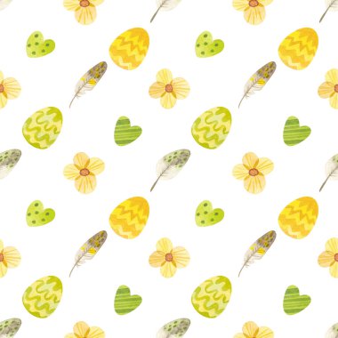 Paskalya deseni kusursuz. Paskalya yumurtaları, çiçekler ve tüylerle şablon. Beyaz arkaplanda sarı-yeşil palette suluboya zirvesi