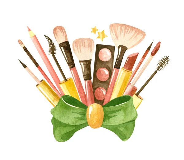 Set Beauté Avec Arc Vert Des Produits Cosmétiques Maquillage Auto — Photo