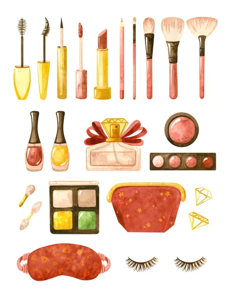 Colección Clipart Con Productos Cosméticos Maquillaje Autocuidado Ilustración Acuarela Moda — Foto de Stock