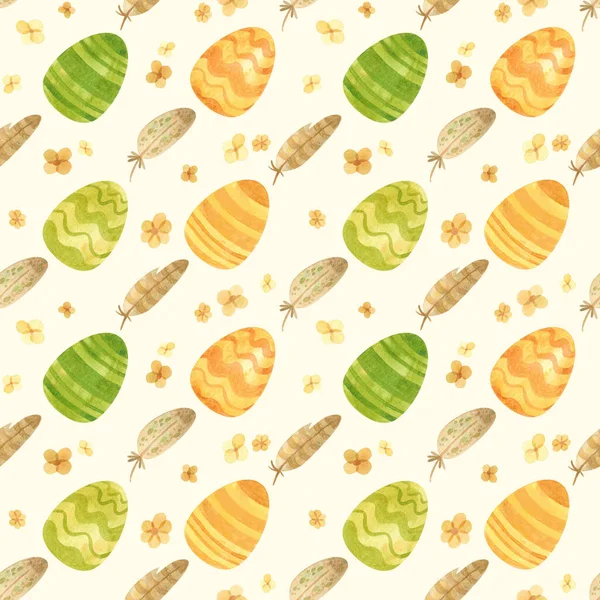 Seamless Pattern Easter Eggs Butterflies Spring Flowers Green Orange Palette — Stock Photo, Image