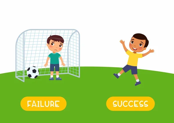 Antonyms Koncept Succes Och Failure Pojkar Som Spelar Fotboll Pedagogiskt — Stock vektor