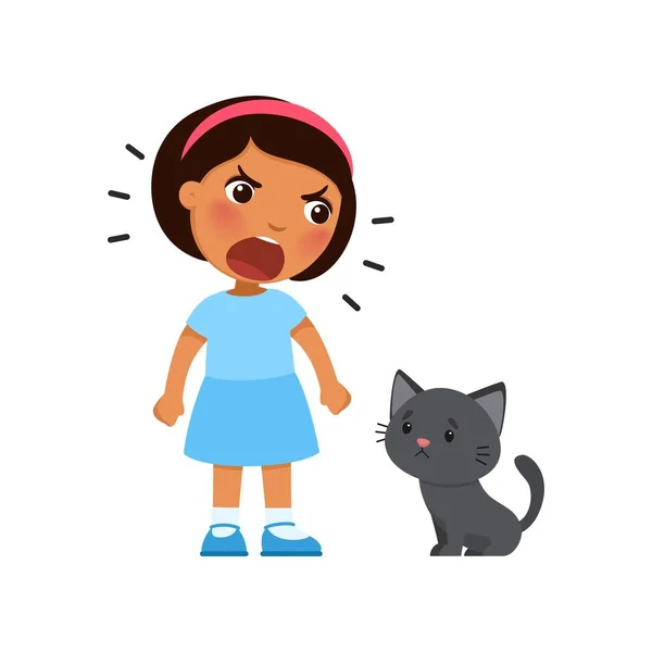 Niña Grita Gatito Triste Psicología Concepto Del Tratamiento Agresivo Las — Vector de stock